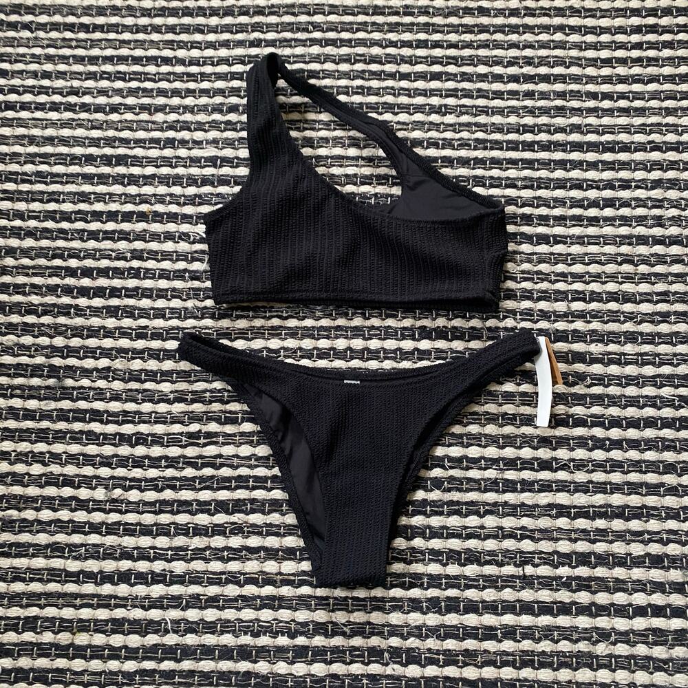 🌿Victoria Secret Pink Womens Black Two Piece Ribbed Bikini Swimsuit Set S